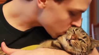 عکس العمل بامزه گربه ها هنگام بوسیده شدن